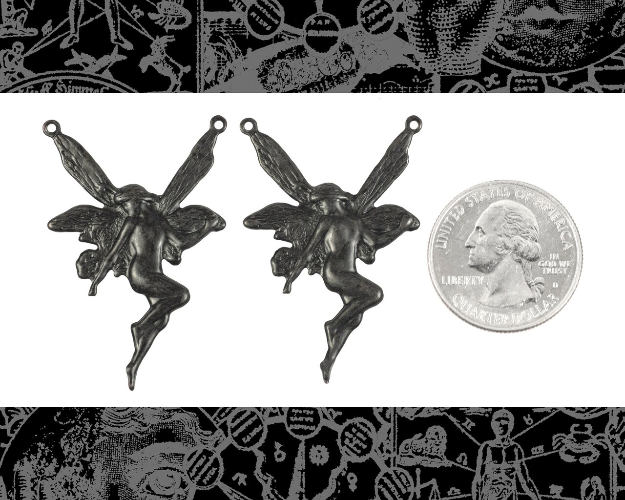 Black Plated Brass Fairy Pendants with Two Rings - Set of Two - BB-P26